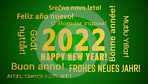 Illustration of a word cloud with the message happy new year in gold and in different languages