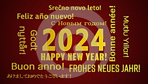 Illustration of a word cloud with the message happy new year in gold and in different languages