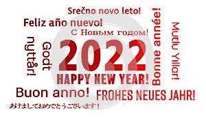 Illustration of a word cloud with the message happy new year in red and in different languages