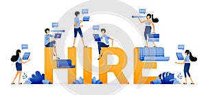 Illustration of the word hire with jobseekers looking for, discussing and exchanging information about job vacancies. Designed for