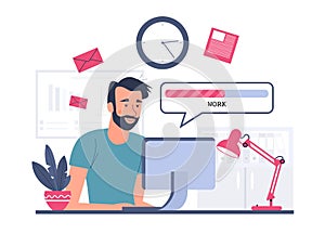 Illustration of work in progress. A man working on a computer. Vector illustration