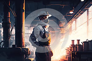 Illustration of a worker in a metalworks. Generative AI. photo