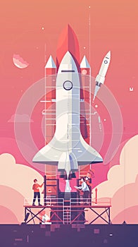 Illustration of workers building a giant rocket