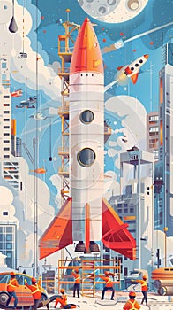 Illustration of workers building a giant rocket in a bustling smart city with a clear blue sky