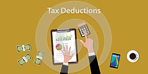 Illustration of working to count a tax deductions calculation with paperworks and calculator on top of table