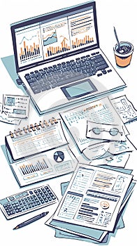 Illustration of a workspace with laptop, charts, and financial documents