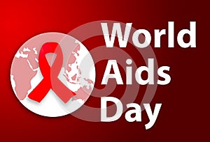 Illustration of World AIDS Day Red Banner Background with red ribbon and world map