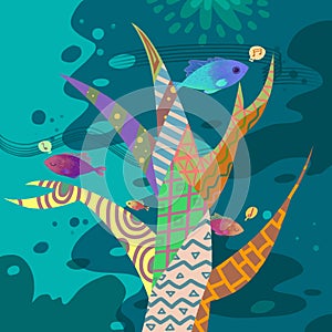 The Illustration of the World of Children's Imagination: Colorful Music Tree under the Sea.