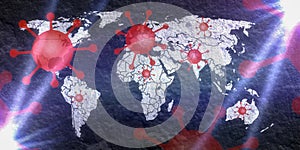 Illustration of a world map with light effects showing the corona virus covid-19 hotspots in the United States and Europe