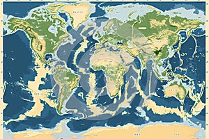 Illustration of the world map with ocean floor lines. Ai generated