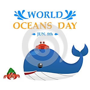 Illustration World Oceans Day , Conserve Aquatic and Natural Living in the Ocean , Cute Cartoon Character , Typography , vector