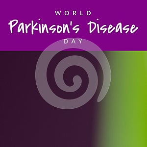 Illustration of world parkinson\'s disease day text over purple and abstract background, copy space