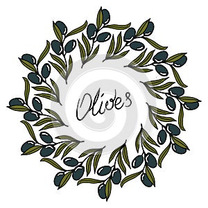 illustration, wreath of hand drawn olive branches with blue olives, card