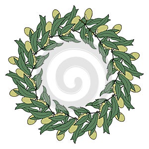 illustration, wreath of hand drawn olive branches with green olives, card