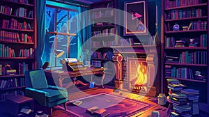 Illustration of a writer's workspace in a dark room adorned with vintage furniture. Retro furnished home office with