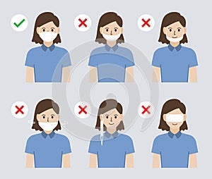 Illustration of the wrong and correctly way to wear a face mask for preventing the spread of coronavirus or Covid-19, Female photo