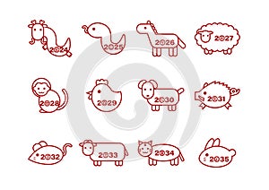 Illustration of the year and Chinese zodiac. Red zodiac animals icon.