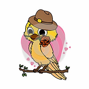 Illustration of Yellow Birds Use Hat While Biting Flower Cartoon, Cute Funny Character, Flat Design