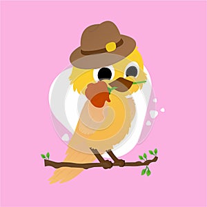 Illustration of Yellow Birds Use Hat While Biting Flower Cartoon, Cute Funny Character, Flat Design