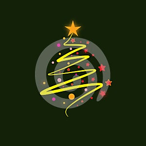 Illustration of a yellow Christmas tree with colored balls on a green background.