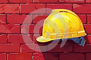 illustration of yellow construction safety helmet on red brick wall background