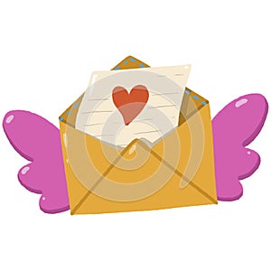 Illustration with a yellow envelope with pink wings and a love letter with a red heart inside, on a white background