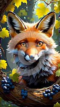 Illustration of a yellow fox and bunches of ripe grapes