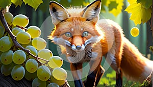 Illustration of a yellow fox and bunches of ripe grapes