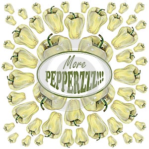 Illustration with yellow peppers drawn by hand with colored pencil and with logotype in center
