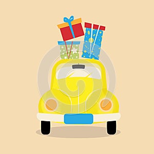 Illustration of a yellow retro car with gifts on a beige background.