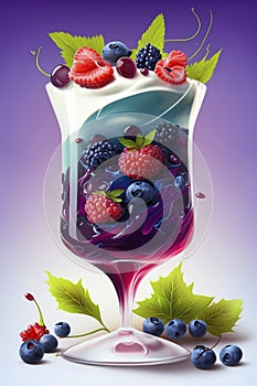 illustration, yogurt and jelly dessert with berries, ai generative