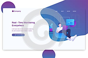 Illustration of young adult man sitting on bean bag working from home. Modern flat design security concept, landing page template.