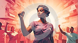 Illustration of young african american woman protesting for women\'s rights. AI generated