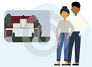 Illustration of a young African man and woman couple dreaming about a home. In the bubbles house