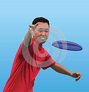 Illustration of Young Asian Man Throwing Disc