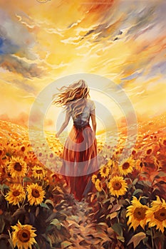 illustration of young beautiful woman walking by bright and vivid sunflower field at sunset, freedom and joy concept