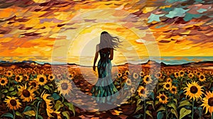 illustration of young beautiful woman walking by bright and vivid sunflower field at sunset, freedom and joy concept