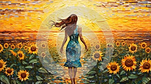 illustration of young beautiful woman walking by bright and vivid sunflower field at sunset, freedom and joy concept