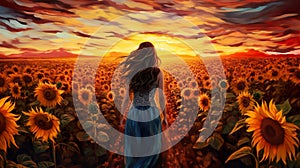 illustration of young beautiful woman walking by bright and vivid sunflower field at sunset, freedom and joy concept