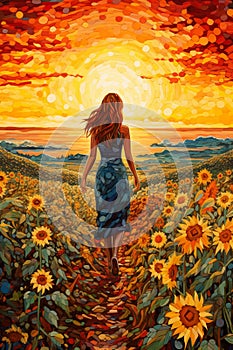illustration of young beautiful woman walking by bright and vivid sunflower field at sunset, freedom and joy concept