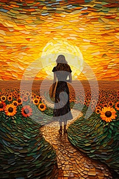 illustration of young beautiful woman walking by bright and vivid sunflower field at sunset, freedom and joy concept