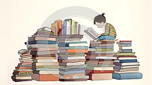 Illustration of a young boy reading a book on top of a stack of books