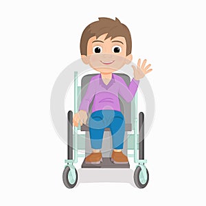 Illustration of a young boy riding on a wheelchair