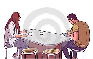 Illustration of young couple having coffee and talking over kitchen table