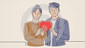 Illustration of a young couple holding a red heart in their hands. Generated AI