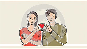 Illustration of a young couple holding a red heart in their hands. Generated AI