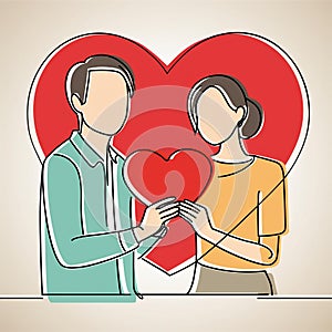 Illustration of a young couple holding a red heart in their hands. Generated AI