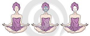 Illustration of a young girl with closed eyes sitting in a lotos pose in bath towel with cosmetic mask on her face smiling and