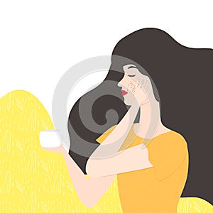 Illustration of a young girl with dark hair in an orange dress puts a coffee scrub on her face. cofee exfoliation