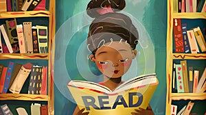 Illustration of a young girl reading a book in a library